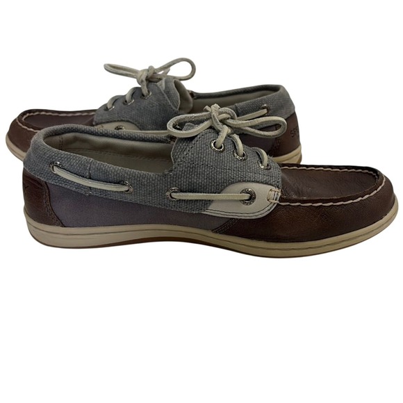 Sperry Top-Sider Boat Shoes Brown Leather Gray Canvas Preppy Coastal Womens 7 - Picture 9 of 10
